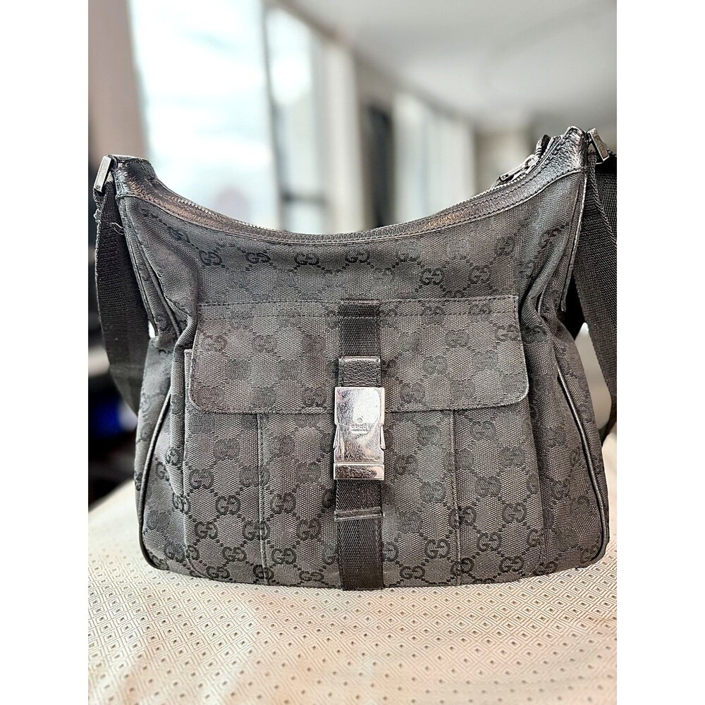 Authentic Gucci Black GG Canvas Shoulder Bag Silver Hardware Zip Closure